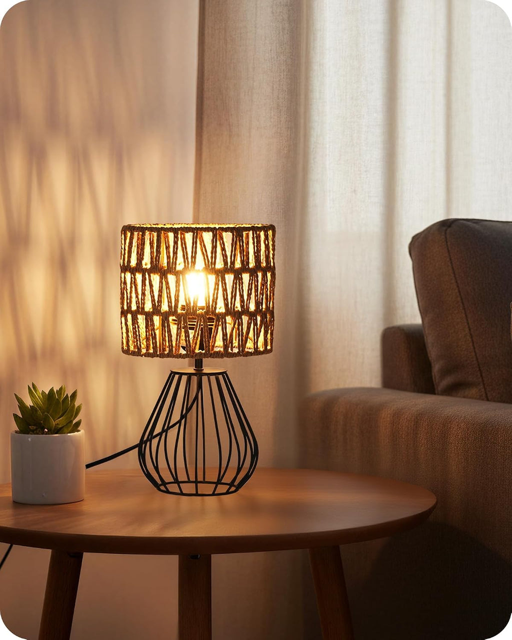 Rattan Table Lamp, Boho Table Lamp, Small Bedside Lamp, Handwoven Paper Lampshade, 2700K LED Bulb Included, Boho Desk Lamp, Modern…
