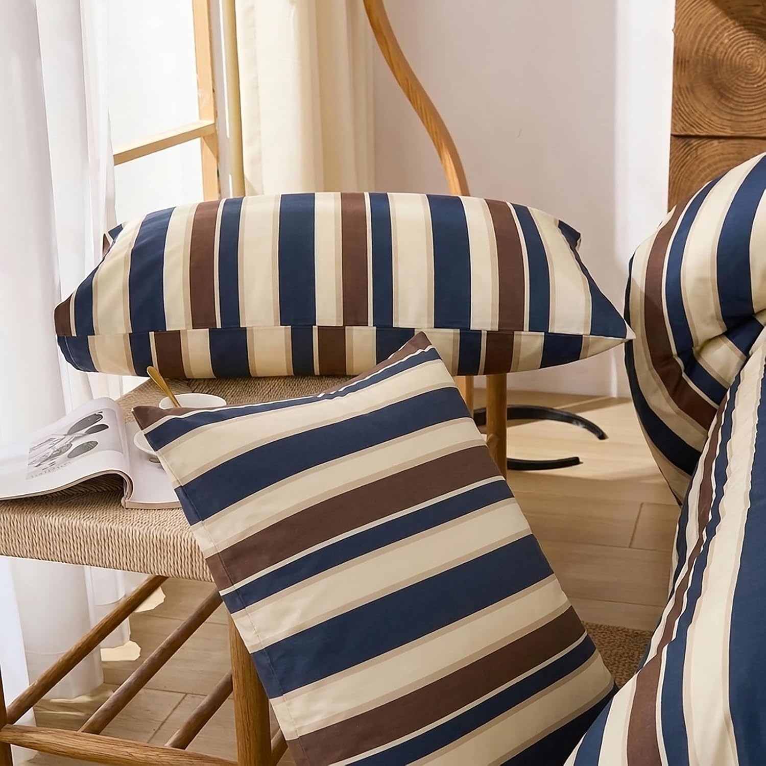 Merryword 100% Cotton Pillow Cases, King Size Pillowcases, Blue Striped Pillowcases, Luxury Linen Like Pillowcase, Soft Breathable Cabana S…