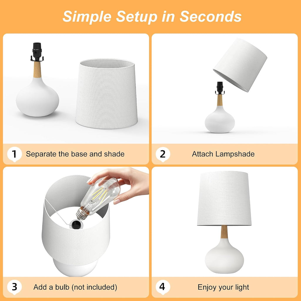 Hightry 14" Small Ceramic Table Lamp Set of 2, Bedside Lamp for Living Room with Natural Wood Stem & Linen Shade for Home Decor, Modern Far…