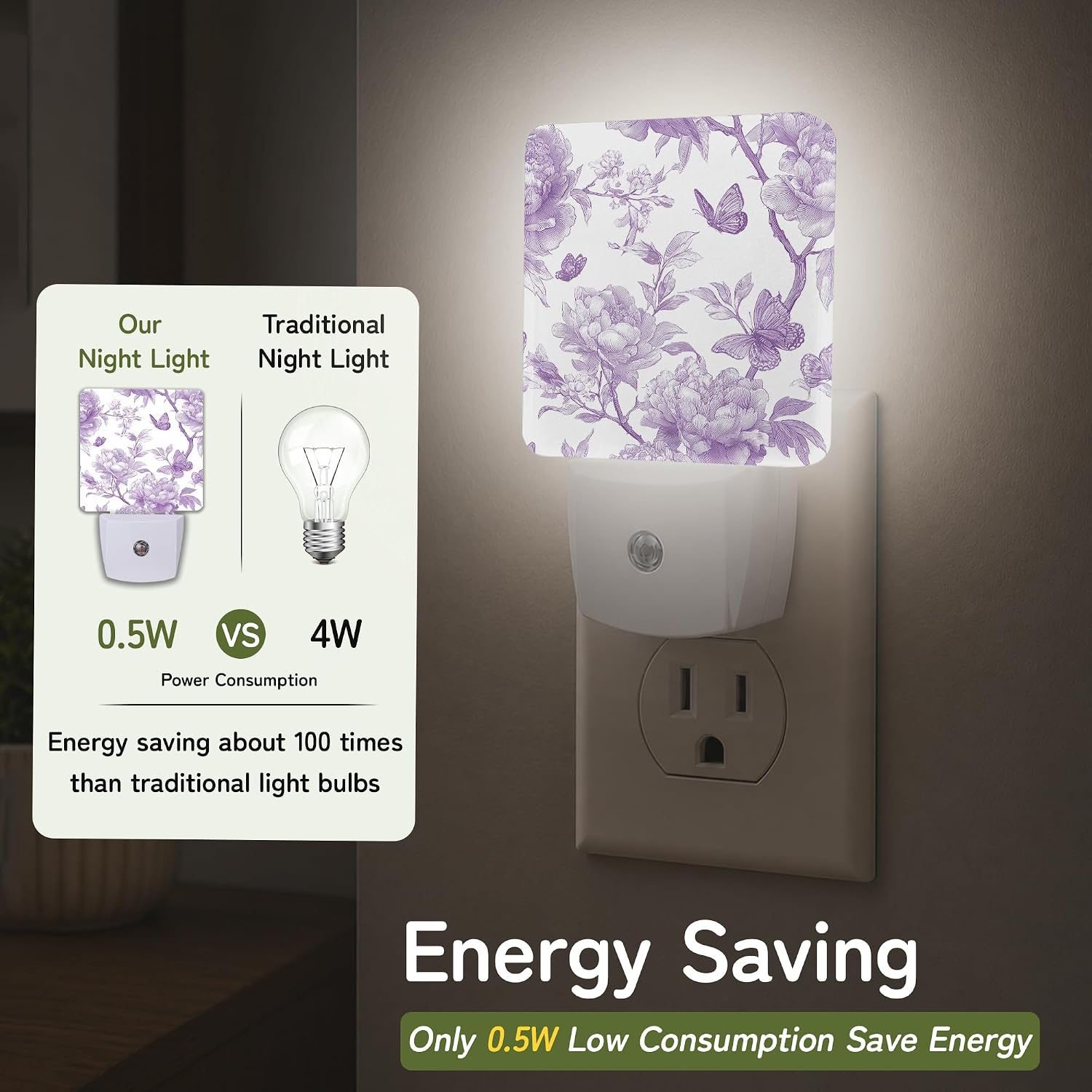 Lavender Toile Butterfly Night Light, Night Lights Plug into Wall with Dusk to Dawn Sensor for Bedroom Bathroom Hallway Kitchen…