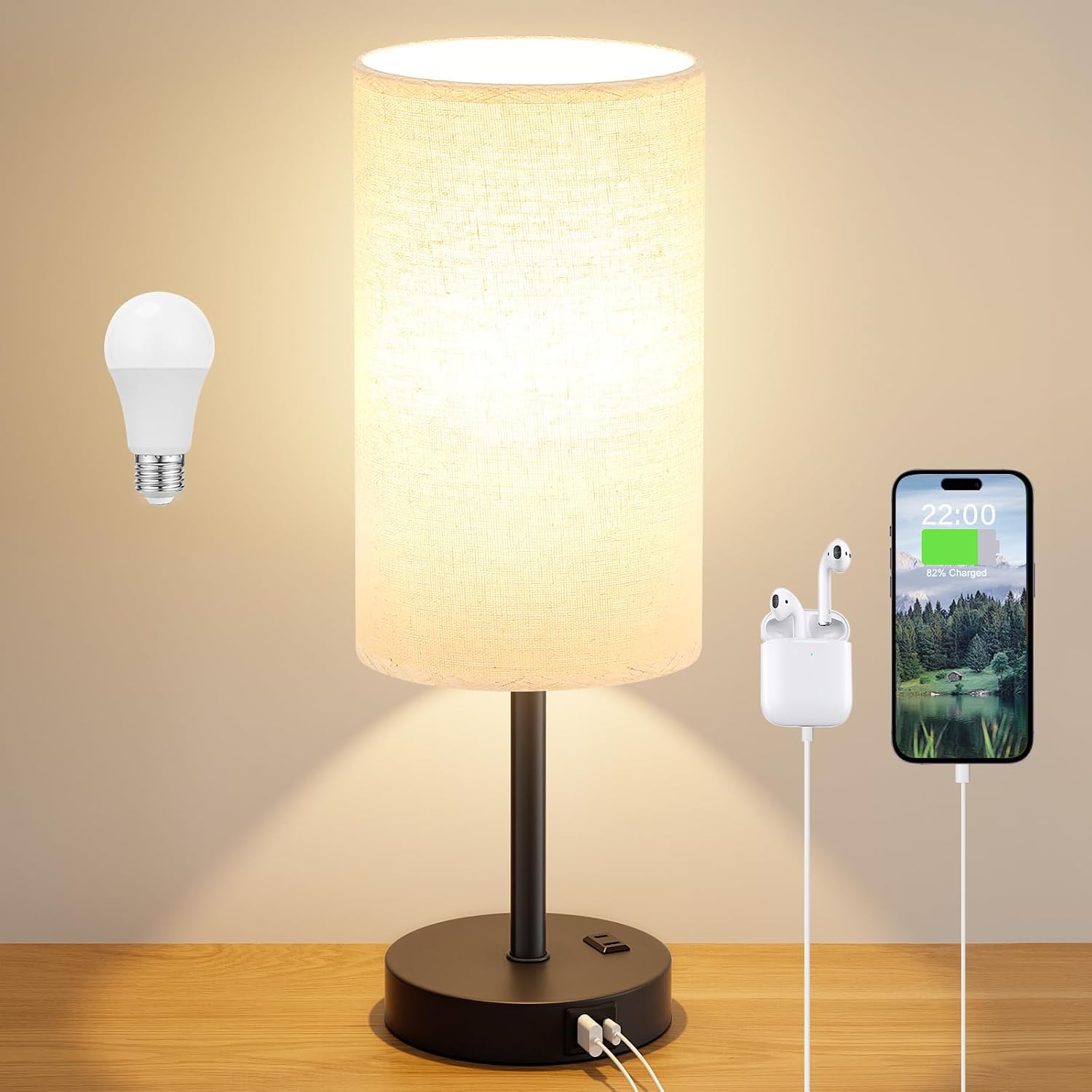 Dicoool Tall Touch Bedside Table Lamp with USB - 3 Way Dimmable Black Lamps for Bedroom Nightstand, Desk Lamp with Black Charging Station…