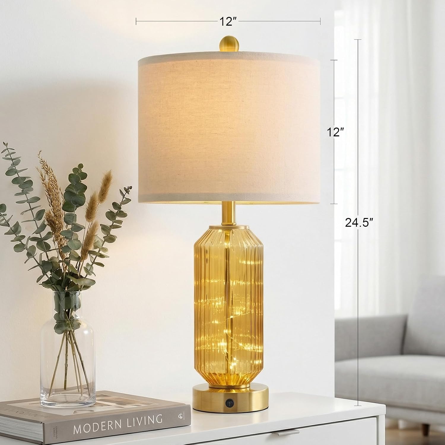 Oneach 24.5" Bedside Table Lamps Set of 2, Amber Glass Nightstand Lamps with USB A+C Charging Ports and Night Light, Gold Modern Lamps…