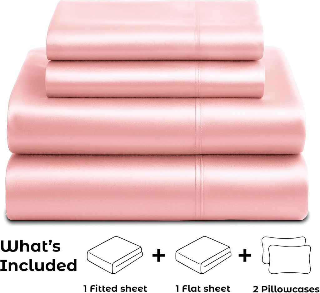 PureBedding Satin Sheets King [4-Piece, Pink] Hotel Luxury Silky Bed Sheets - Extra Soft 1800 Microfiber Sheet Set, Wrinkle, Fade, Stain Re…
