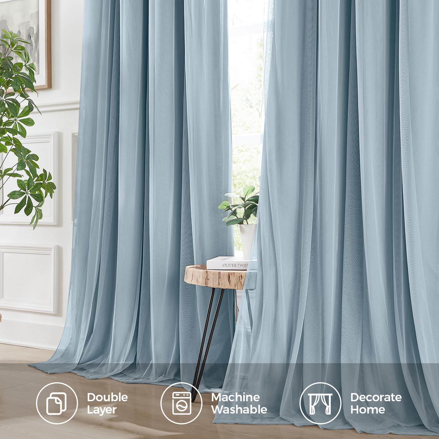 Swandream Blackout Curtains for Bedroom, Double Layer Blue Curtains, Black Out Curtain 90 inch Long with Sheer Overlay for Living Room, Roo…