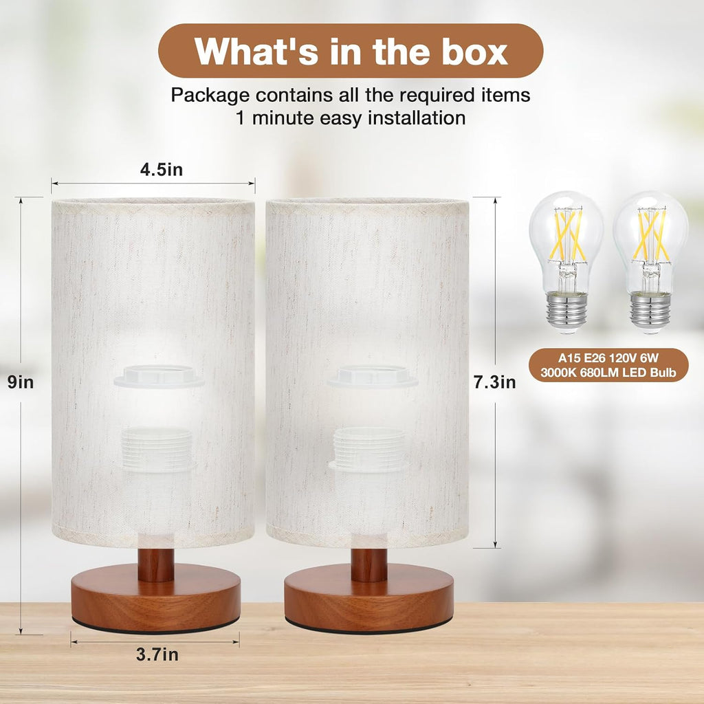 Fenmzee Small Lamps Set of 2 - Inline Control, Bedside Table Lamp for Bedroom with 3000K A15 LED Blub, Easy Assembly (Cream Shade…