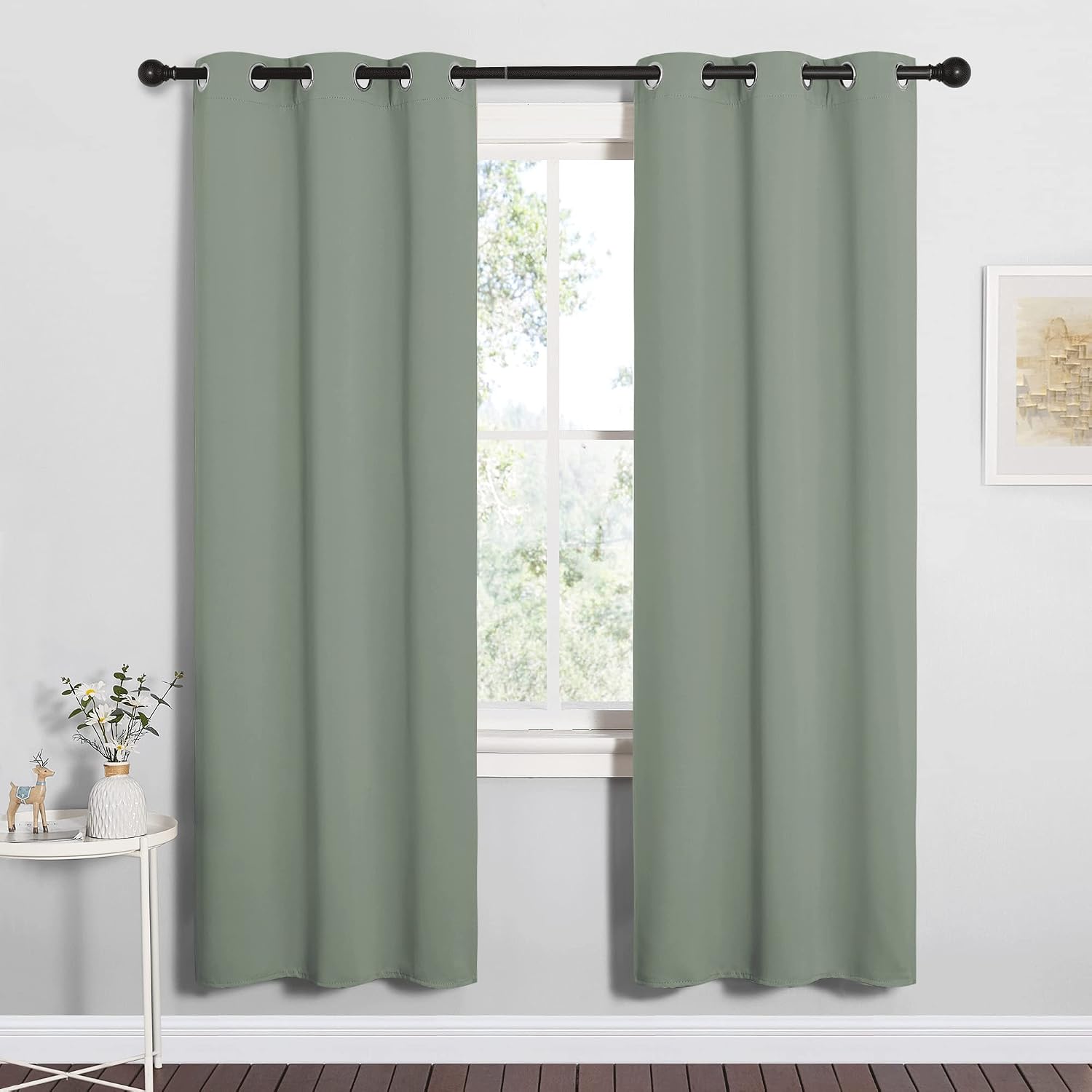 NICETOWN Bedroom Curtain Panels Blackout Draperies, Thermal Insulated Solid Grommet Blackout Curtains/Drapes (Greyish Green, 1 Pair, 34…