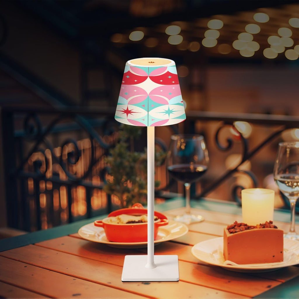 Cordless Mahjong Lamp Geometric Retro Circles Starbursts Soft Pink Coral Teal Color Small LED Lamp 3 Color Dimmable Rechargeable Lamps…