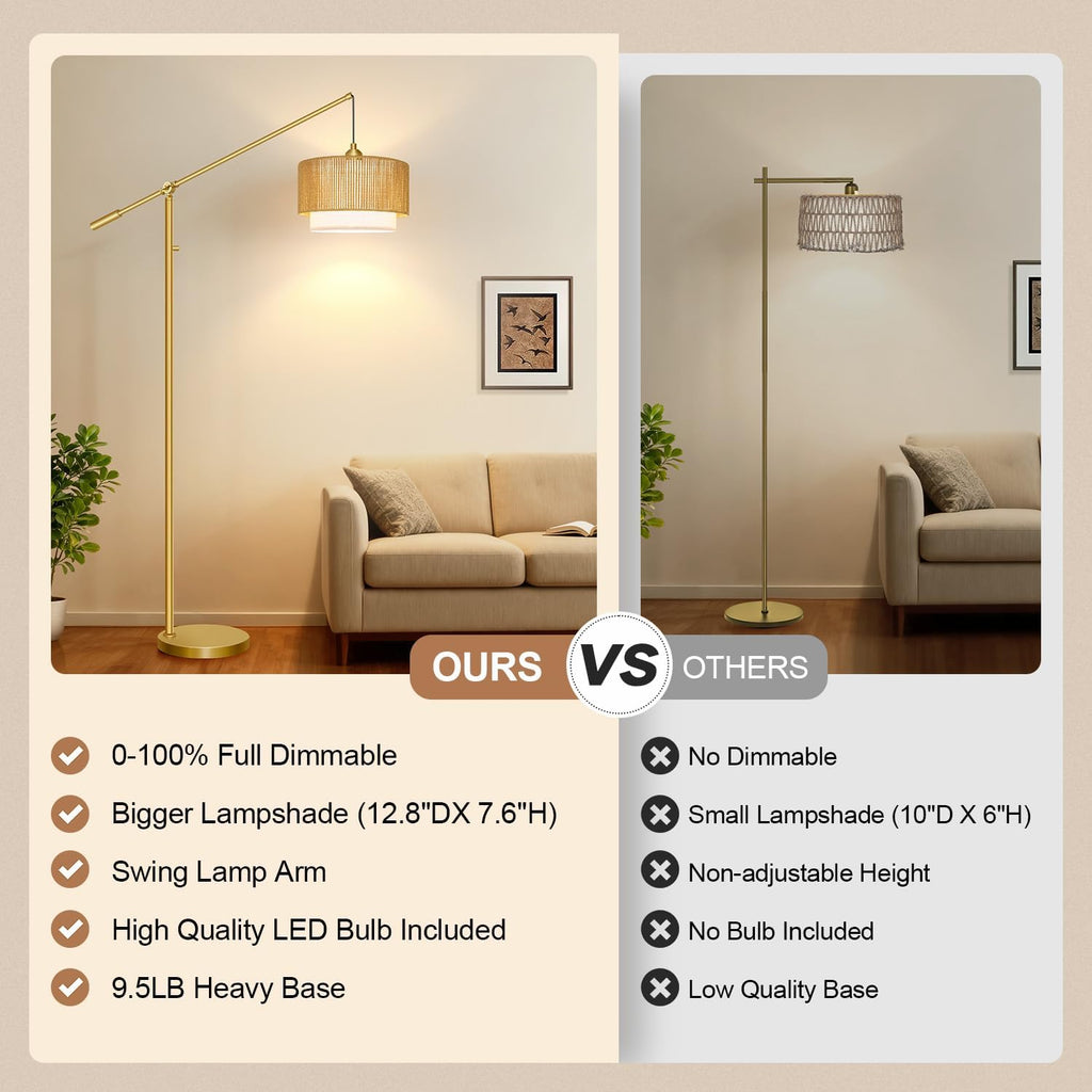 Upgraded】Arc Floor Lamp for Living Room, Boho Dimmable Swing Arm Floor Lamp with Rattan & Fabric Shades, Gold Rattan Standing Lamp with…