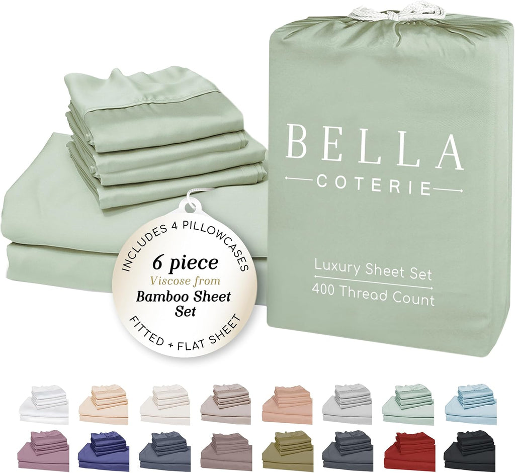 Bella Coterie 6 Piece Luxury Bamboo Viscose Queen Size Sheet Set | 100% Organically Grown | Cooling for Hot Sleepers | 18" Deep Pocket |…