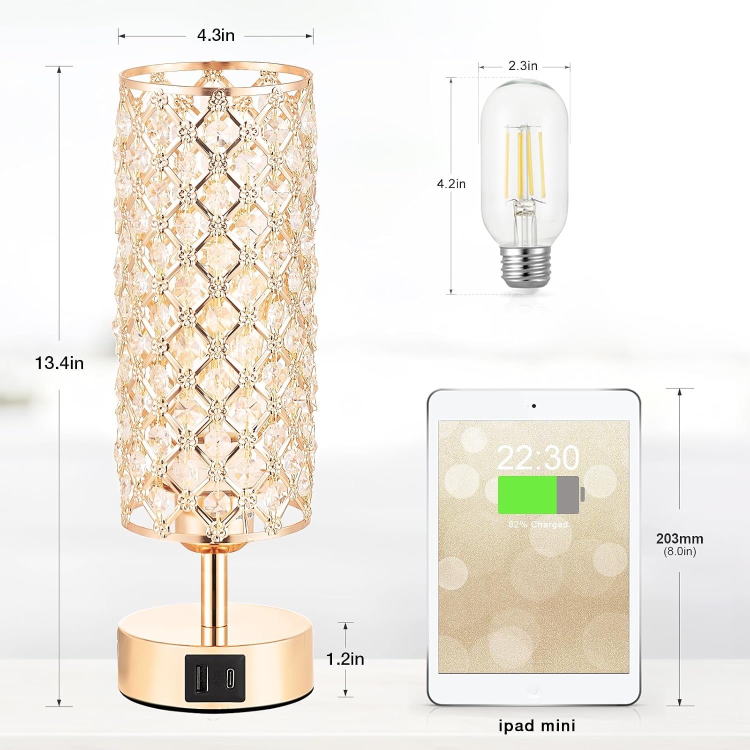Crystal Table Lamp, Gold Lamp for Bedroom with USB-C USB-A Charging Ports, 3 Way Dimmable Light with Crystal Lampshade, Bedside Lamp…