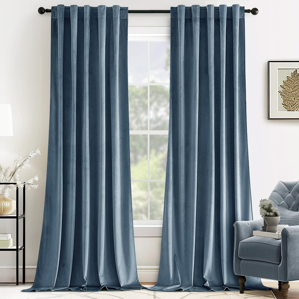 Miulee Velvet Curtains 84 inches - Luxury Blackout Curtains for Bedroom Living Room Super Soft Light Blue Thermal Insulated Dusty Blue Wind…