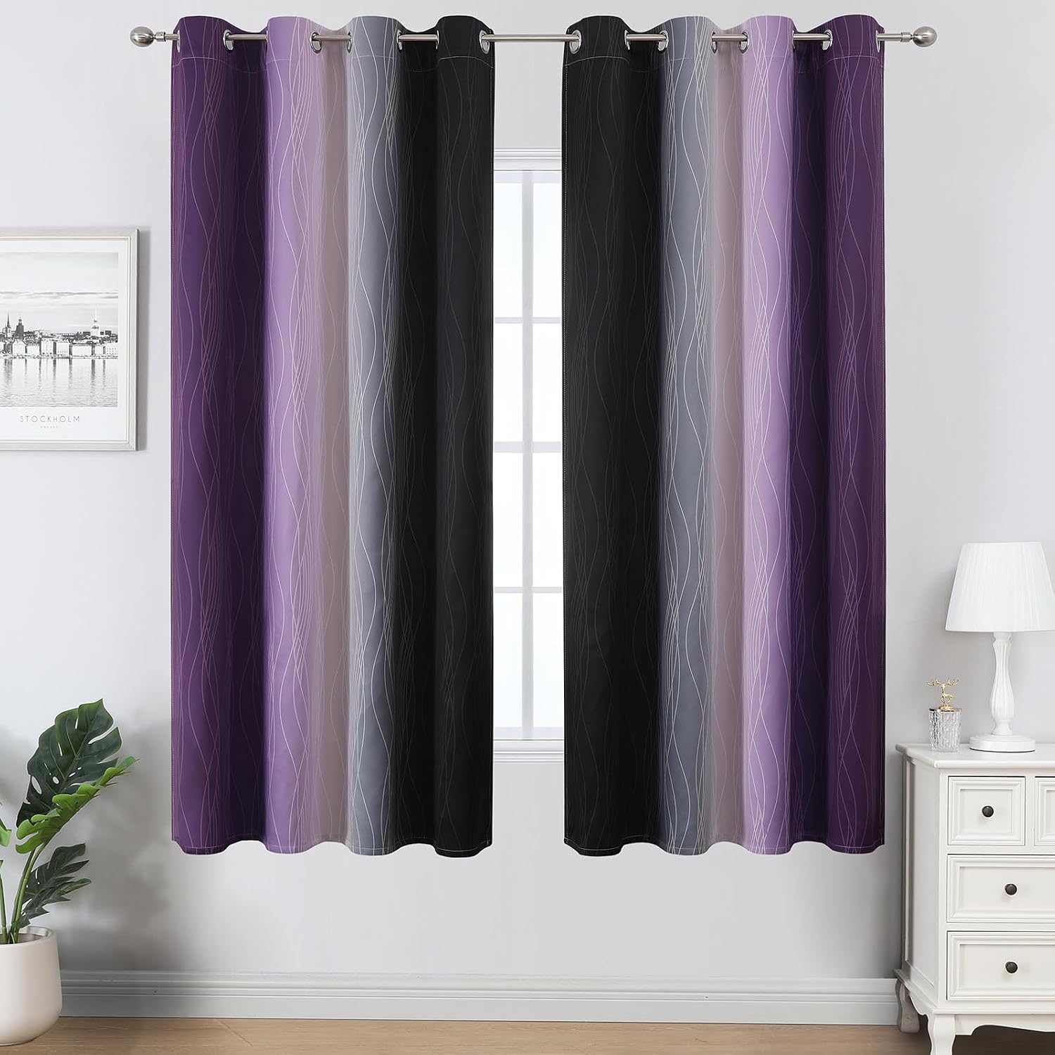 Estelartextiler Estelar Textiler Black and Purple Ombre Blackout Curtains for Bedroom, Full Room Darkening Grommet Curtains for Living Room…