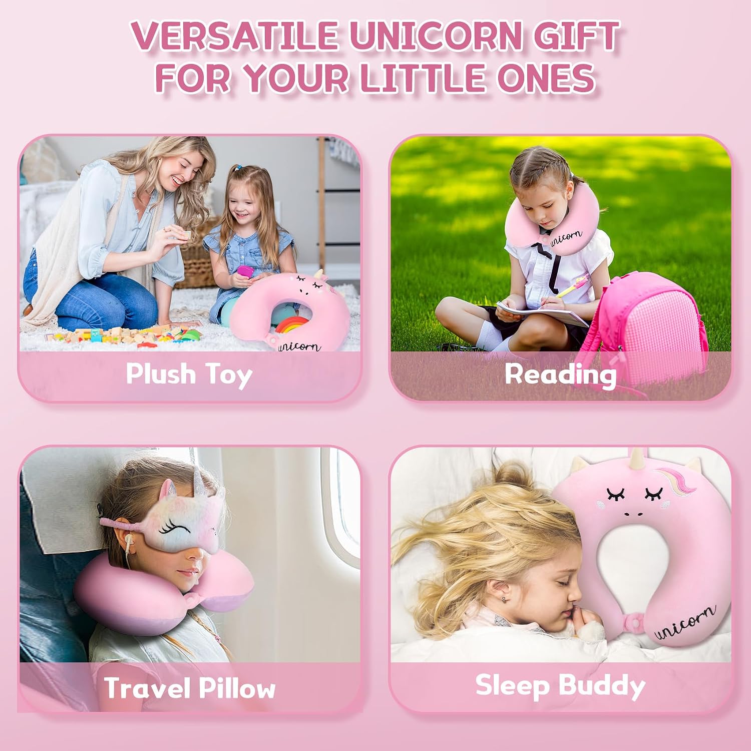 Kids Neck Pillow, Unicorn Kids Travel Neck Pillow for Traveling with Eye Mask, Toddler Travel Essentials for Road Trip Airplane Car Seat…