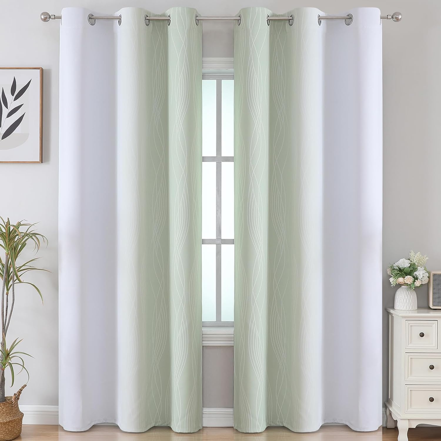 Estelartextiler Estelar Textiler Sage and Greyish White Room Darkening Blackout Curtains 84 Inch Length 2 Panels Set for Living Room, Therm…