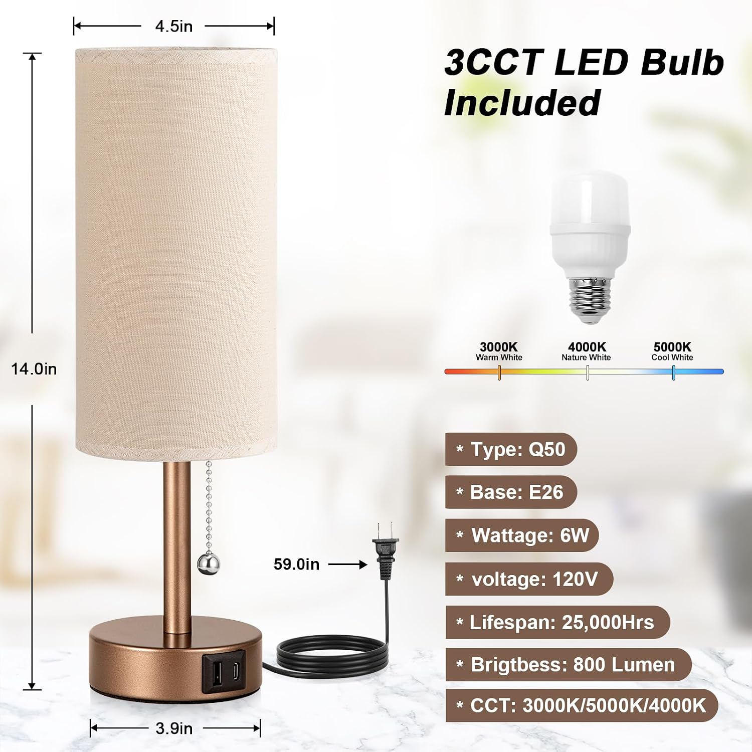 PartageiZ Brown Table Lamp for Bedroom Nightstand - Small Lamp with USB A + C Charging Port, 3 Color Temperatures Pull Chain Night Stand…