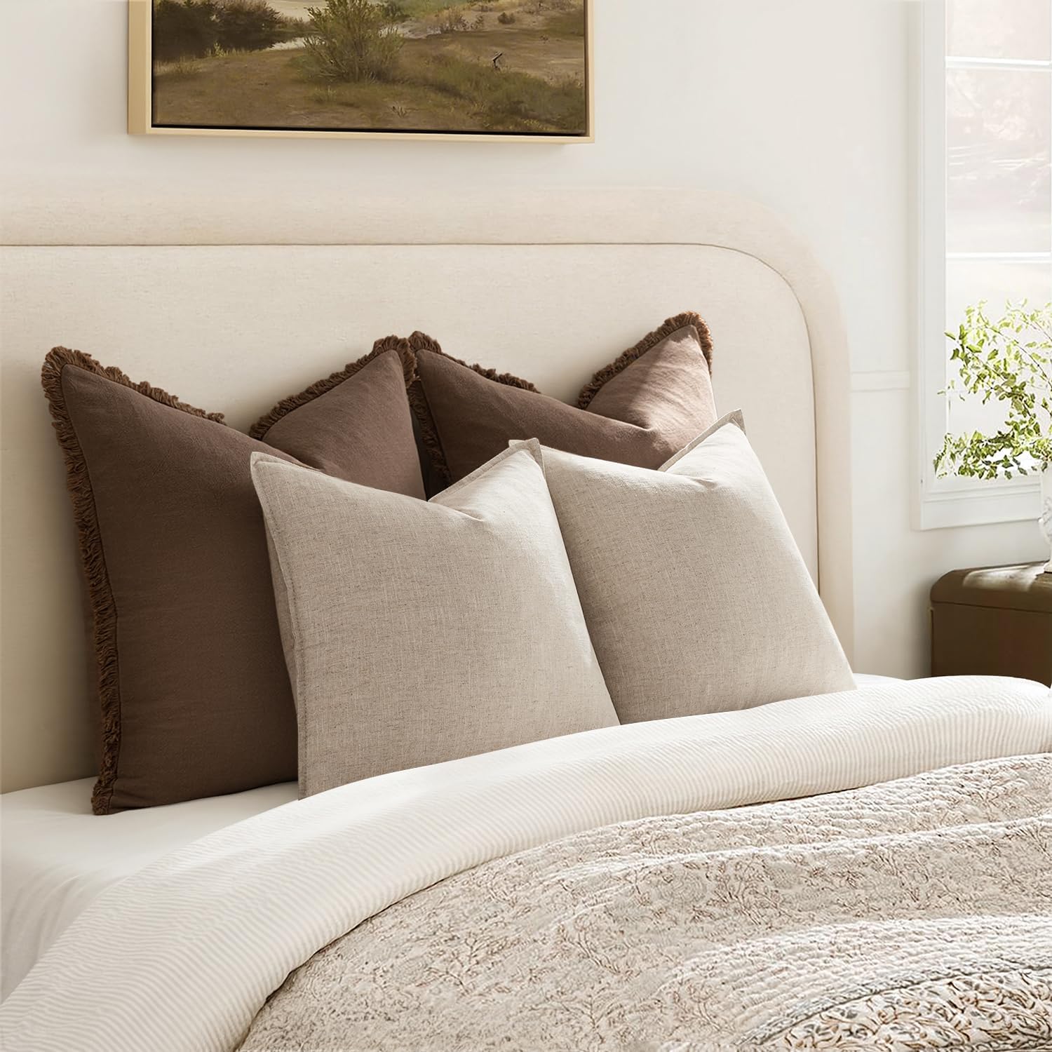 Anroduo Pack of 2 Decorative Linen Pillow Covers Natural Beige Neutral Farmhouse Boho Soild Cushion Case Soft Accent Pillowcase for Couch S…