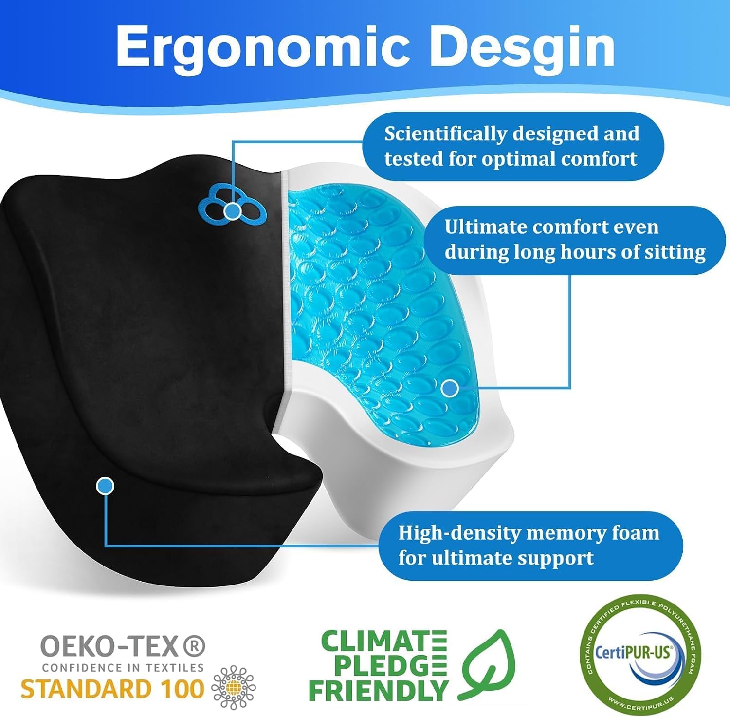 CushyOasis Seat Cushion, Gel Chair Cushions, Office Chair Cushions, Anti-Slip Bottom & Removable Cover Tailbone Cushion, Memory Foam Seat C…