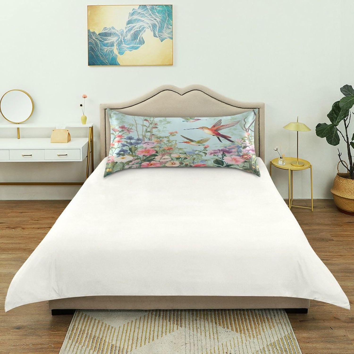 YETTASBIN Hummingbirds Flower Satin Pillowcase, Soft Breathable Silk Pillow Case with Envelope Closure for Hair and Skin, Standard Size…