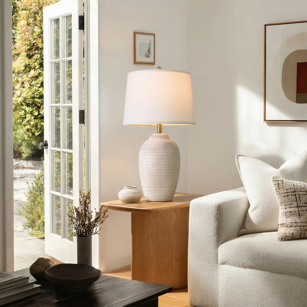 USumkky 29.5" Tall Vintage Ceramic Table Lamp with 5FT Cord - Single Large Rustic Farmhouse Bedside Lamp with Linen Shade & Natural Texture…