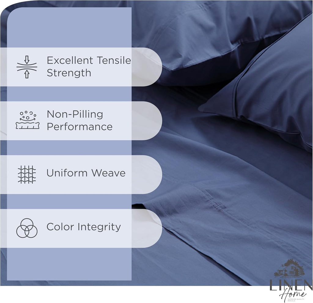 Linen Home 100% Cotton Percale Twin Sheets 3-Piece Set, Soft Breathable & Cooling Bed Linen, Deep Pocket 16", Crisp Hotel Quality, Dark Blue