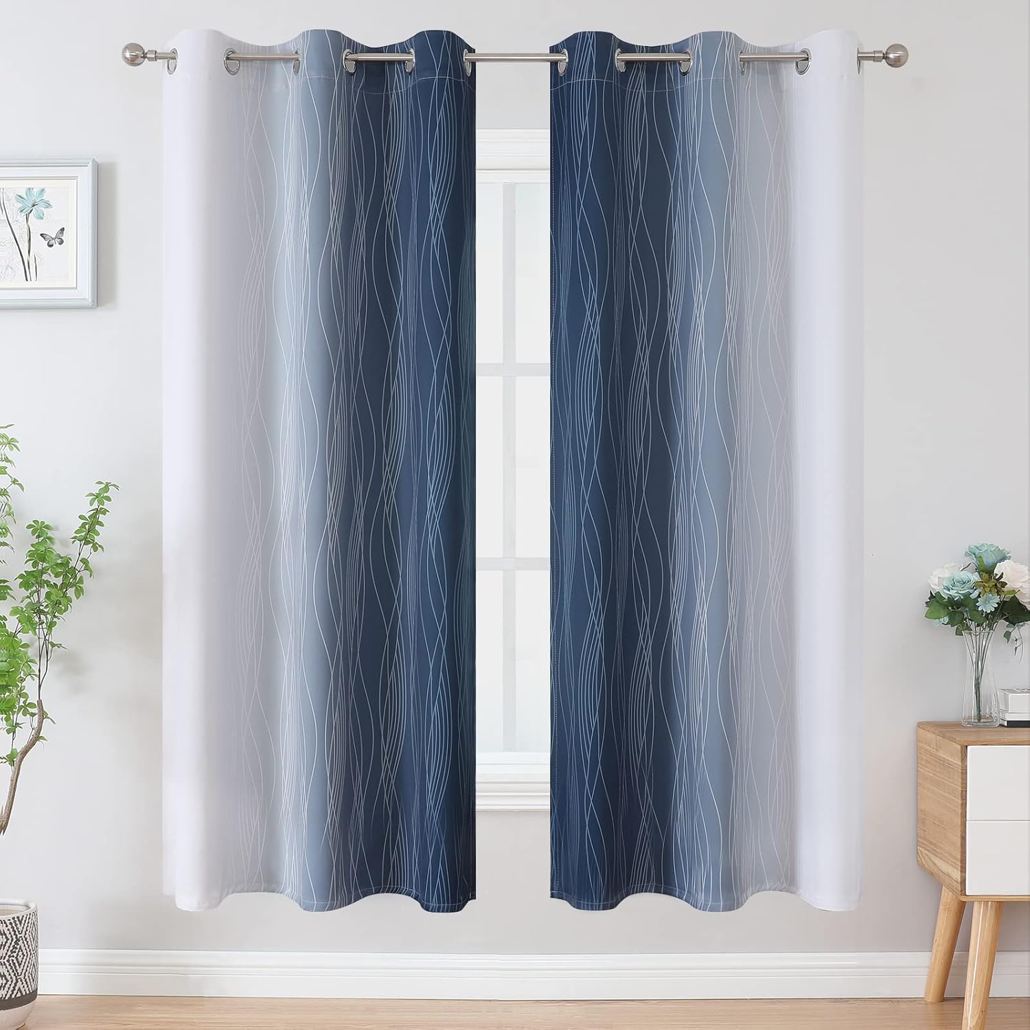 Estelartextiler Estelar Textiler Full Room Darkening Greyish White and Navy Blue Blackout Curtains 72 Inch Length 2 Panels Set, Ombre Therm…