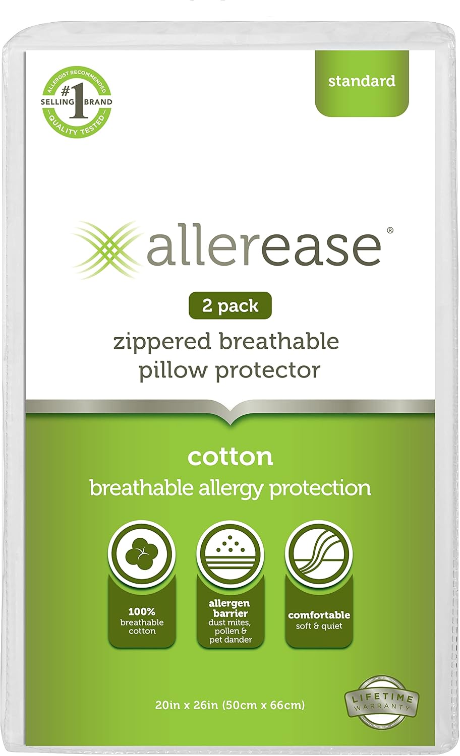 AllerEase 100% Breathable Cotton Pillow Protector for Sleeping, Standard 26" x 20" - 2 Pack 2 Pack Cotton White