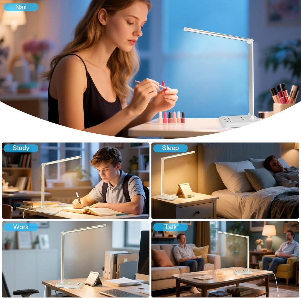 WhiteCrown White crown LED Desk Lamp Dimmable Table Lamp Reading Lamp with USB Charging Port, 5 Lighting Modes, Sensitive Control, 30/60 Mi…