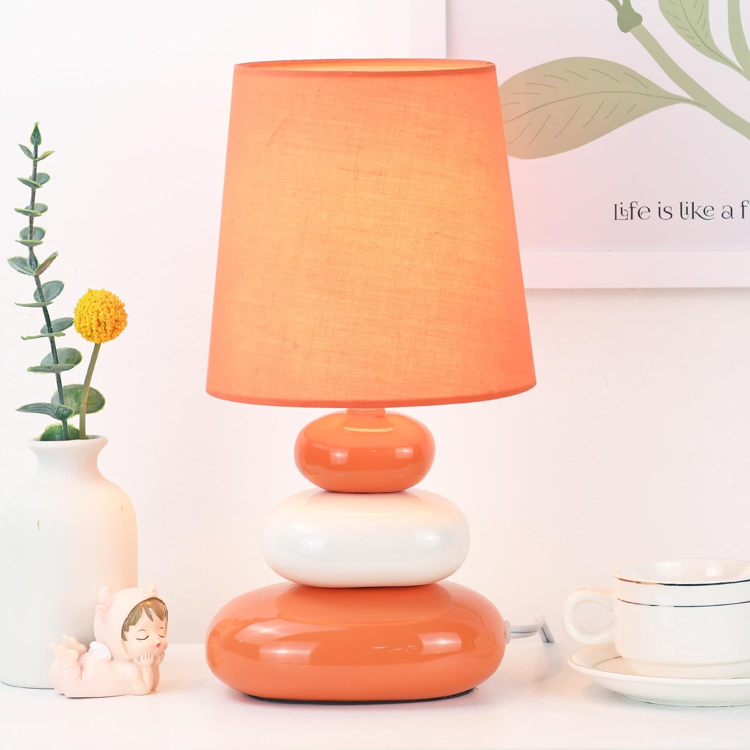 LULE Orange Small Table Lamp for Living Room as Bedside Table Lamp for Bedroom, Modern Ceramic Kids Night Table Lamp, Φ6.5×H12.2IN, Bulb…