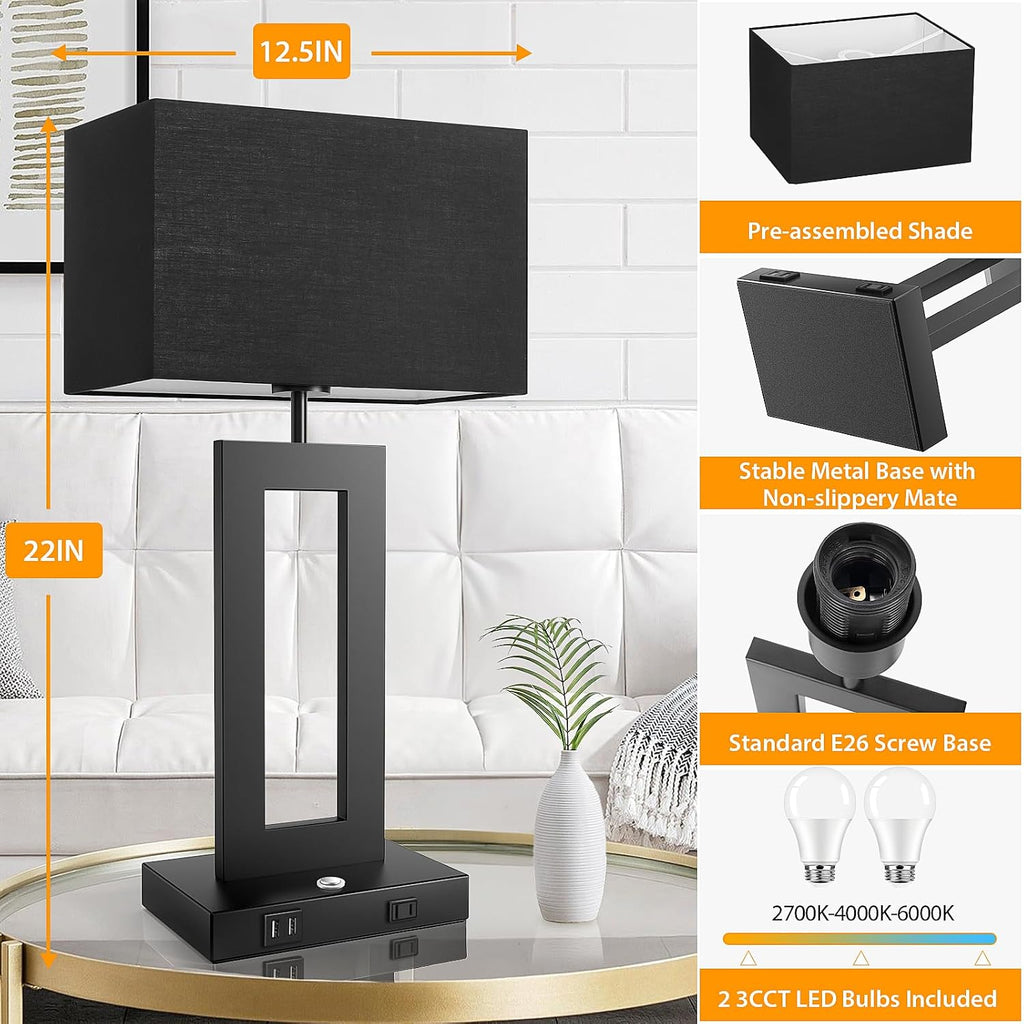 3 Color Temperatures Black Table Lamps for Bedrooms Set of 2, 22’’ Touch Control Bedside Nightstand Lamps with 2 USB Ports & AC Outlet…