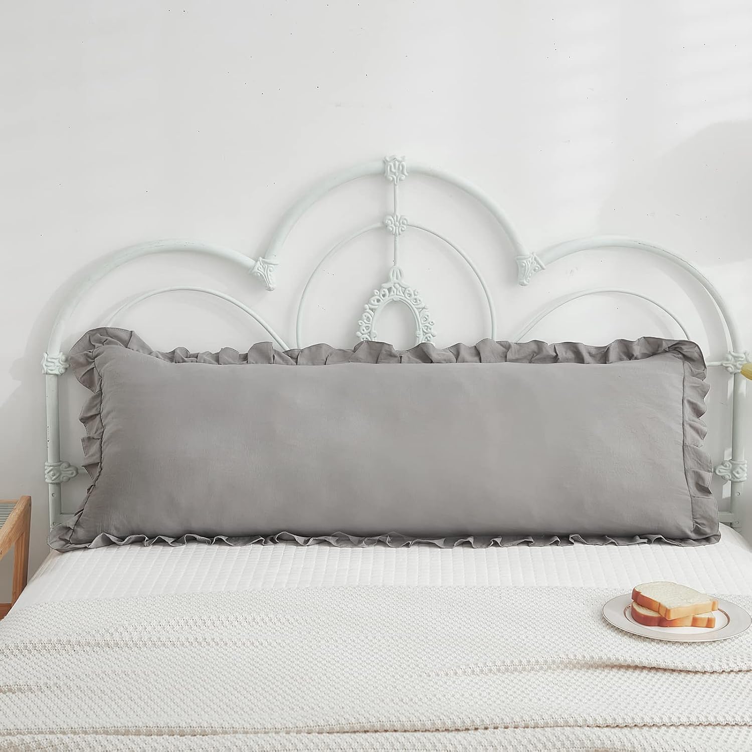 Merryword Shabby Chic 20x54in Light Grey Body Pillow Cover with Ruffled Fringe Decor Grey