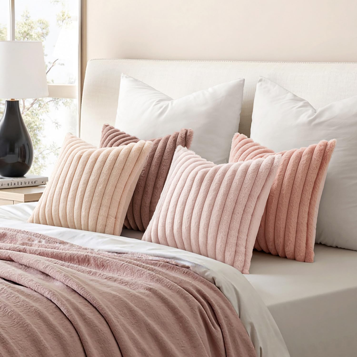 Miulee Faux Fur Plush Decorative Throw Pillow Covers 18x18 Set of 4, Valentine's Day Cute Modern Soft Romantic Fuzzy Striped Cushion Covers…