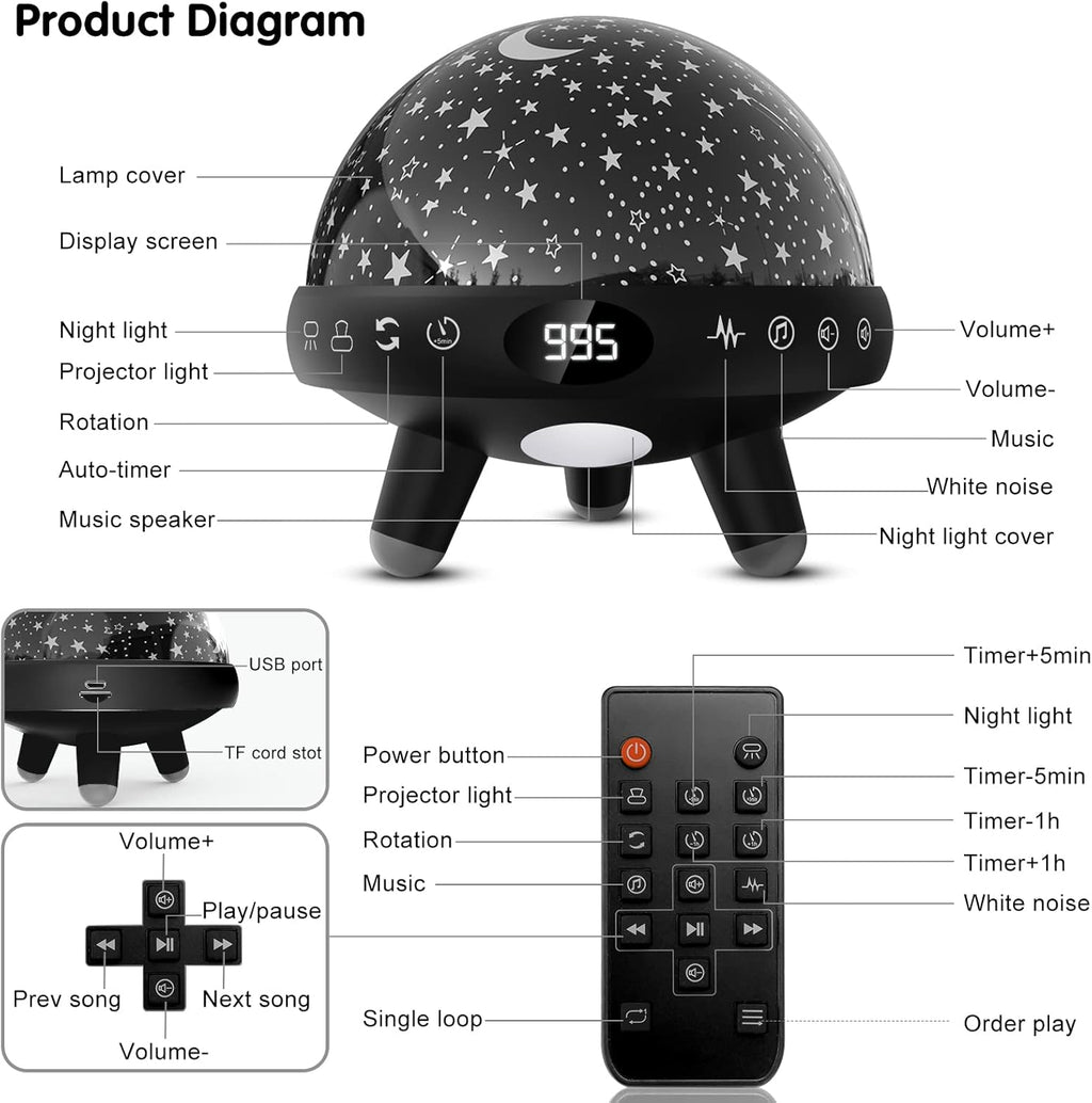 Yachance Kids Night Light Projector with Music.Baby Night Light Star Projector with Remote & Timer.Baby Sensory Lights Toys for Kids.Sound…