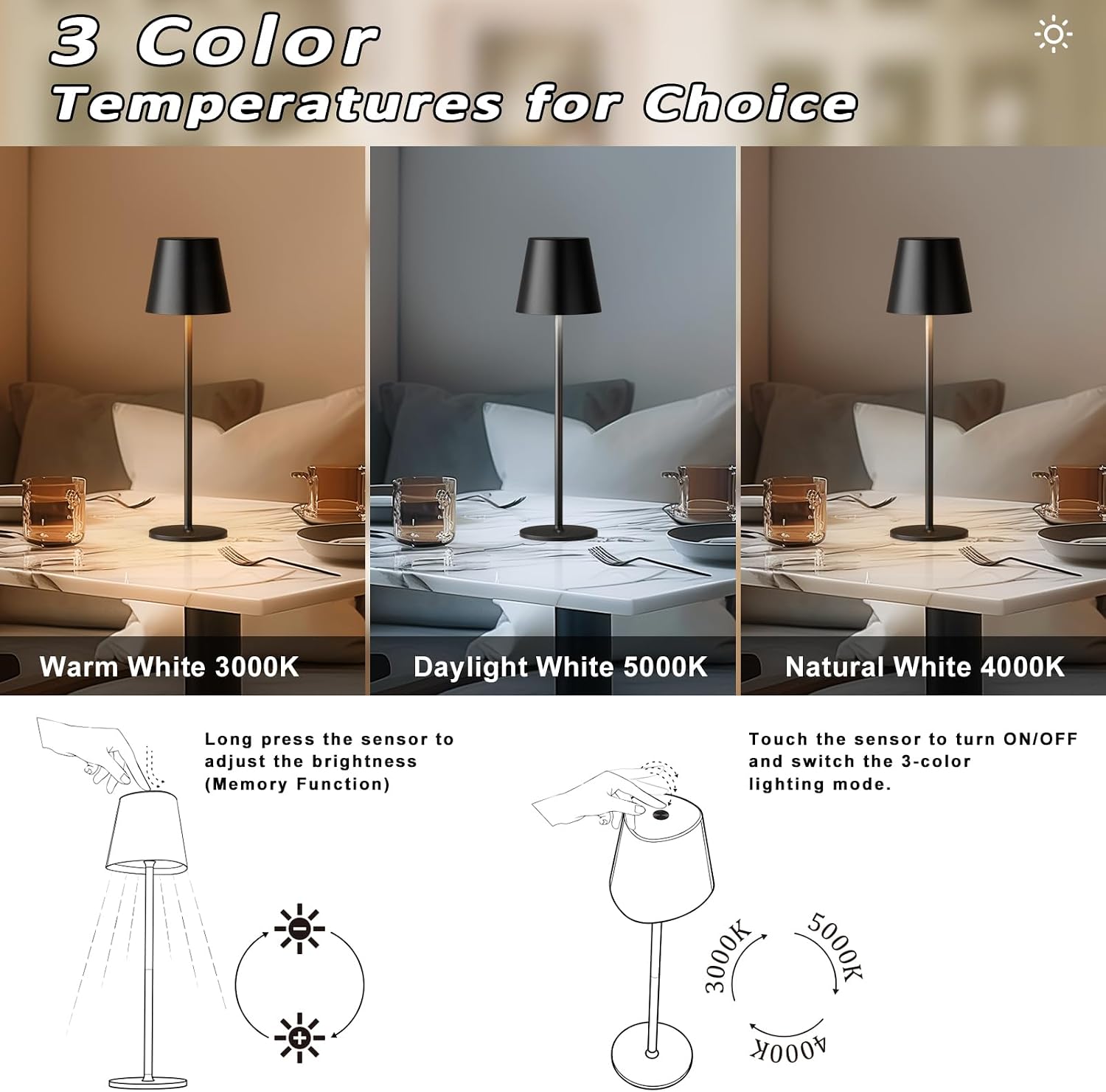 Kakanuo Cordless Table Lamp, 3 Color Stepless Dimming, 5000mAh Rechargeable Battery Powered, Outdoor LED Lamps, for Dining Room, Living…