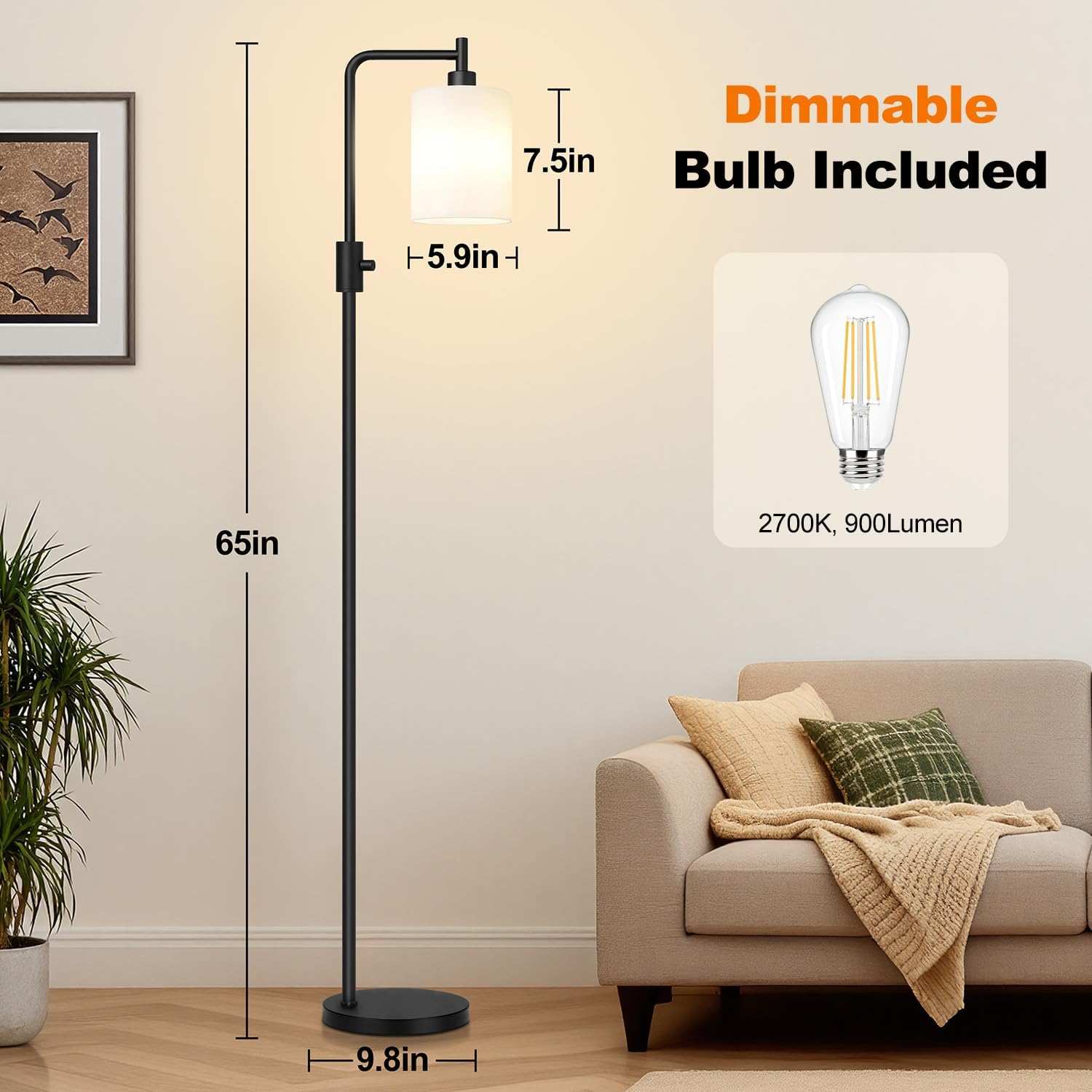 Upgraded】Dimmable Floor Lamp for Living Room with Frosted White Glass Shade, Modern Industrial Floor Lamp with 900LM Bulb Included…