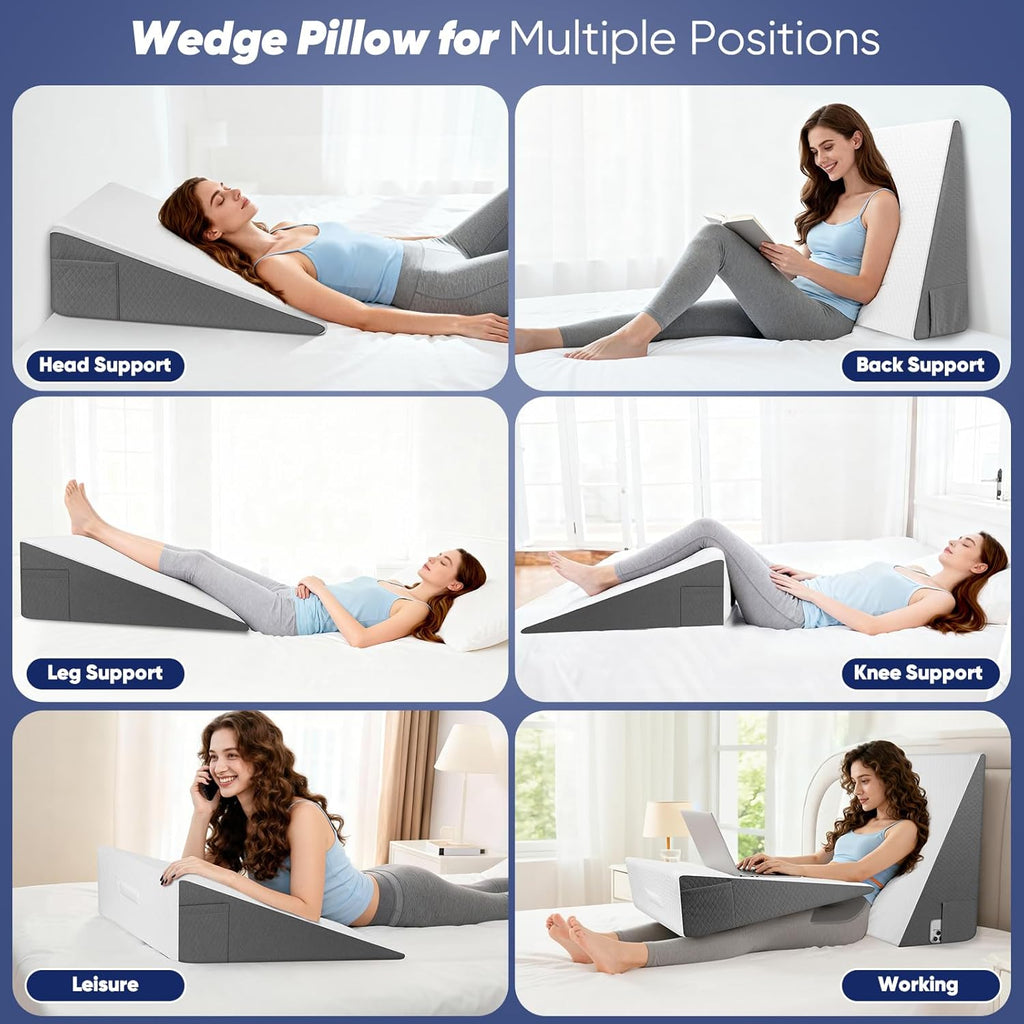 Bed Wedge Pillow for Sleeping & Resting, 8 inch Incline Pillow Wedge for Adults Seniors, Back Support and Leg Elevation, Cooling Memory…
