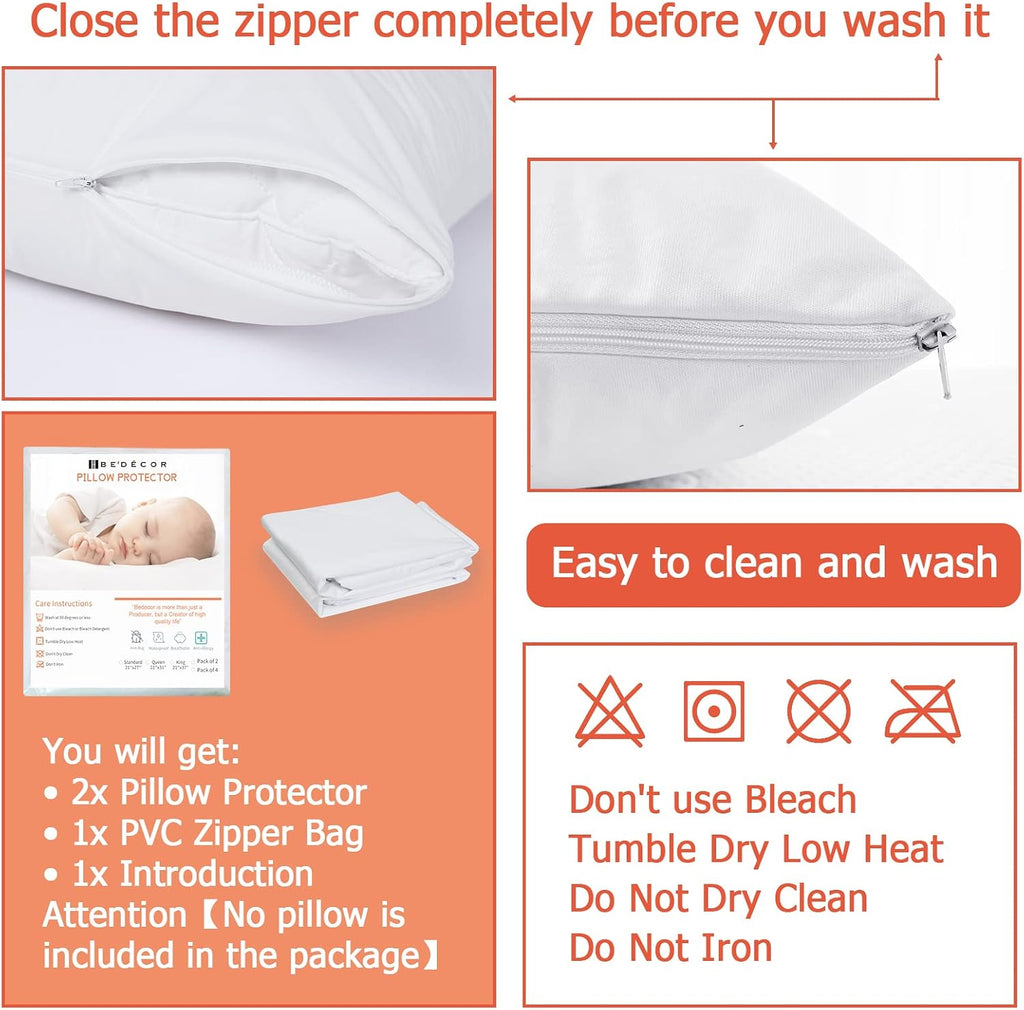 Bedecor Queen Pillow Protector with Zipper 2 Pack, Waterproof Pillow Covers Encasement Smooth Dust Proof with Breathable Holes Allow Air…