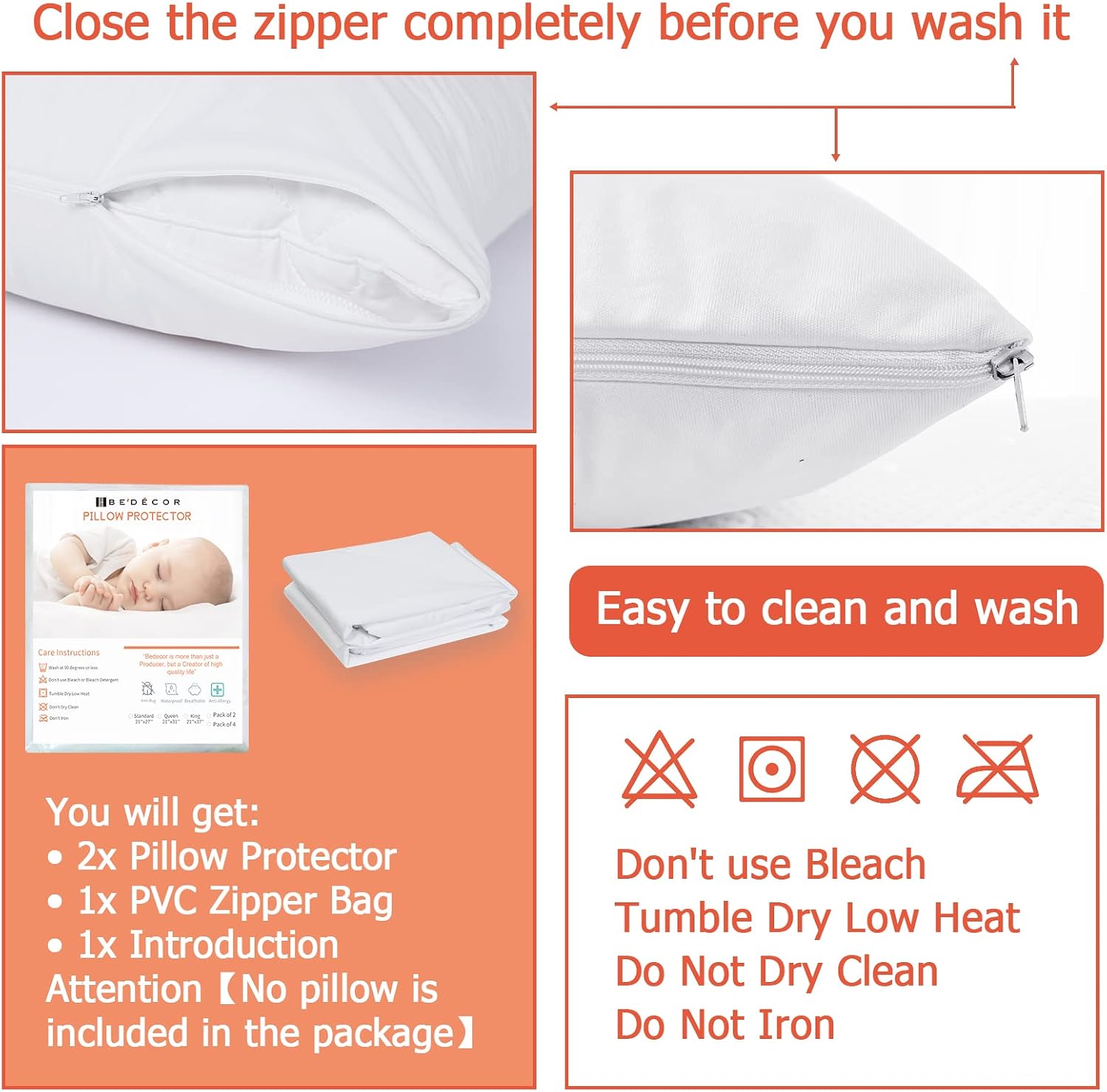 Bedecor Queen Pillow Protector with Zipper 2 Pack, Waterproof Pillow Covers Encasement Smooth Dust Proof with Breathable Holes Allow Air…