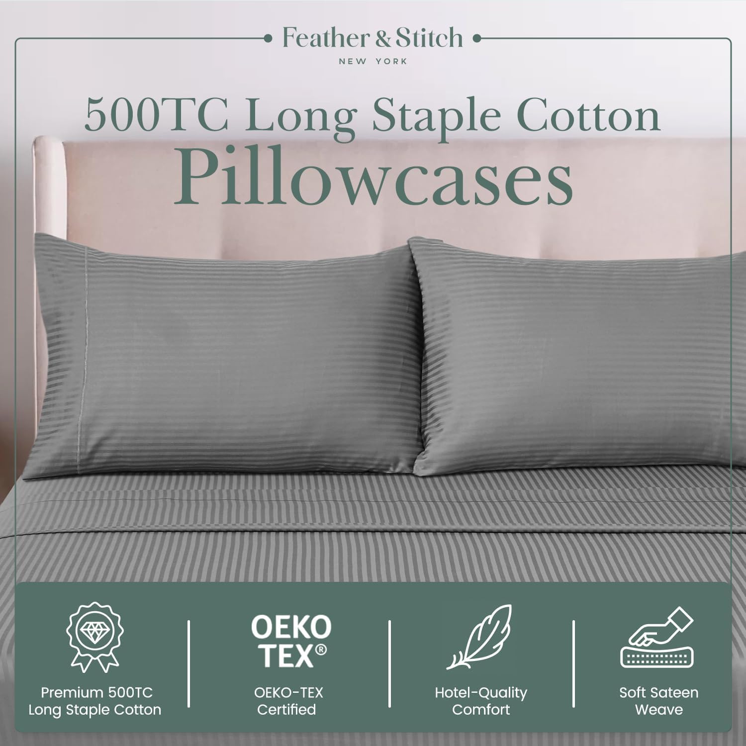 Featherstitchnewyork Feather & Stitch 100% Cotton Standard Pillow Covers Set of 2, 500TC Envelope Closure Pillowcases, Soft Luxury Damask S…