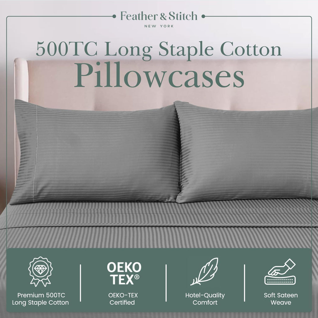 Featherstitchnewyork Feather & Stitch 100% Cotton King Pillow Covers Set of 2, 500TC Envelope Closure Pillowcases, Soft Luxury Damask Strip…