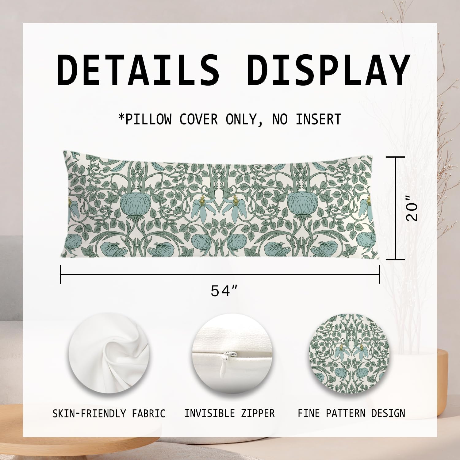 Vintage Green Floral 20x54 Body Pillow Cover, Cottagecore Room Decor, Retro Green Flowers Botanical Art Nouveau Decorative Long Body…
