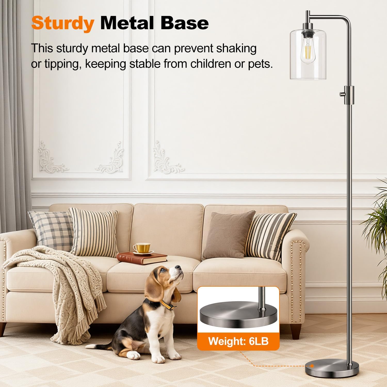 Upgraded】Dimmable Floor Lamp for Living Room with Glass Lampshade, Brushed Nickel Modern Floor Lamp with 900LM LED Bulb Included, Bright…