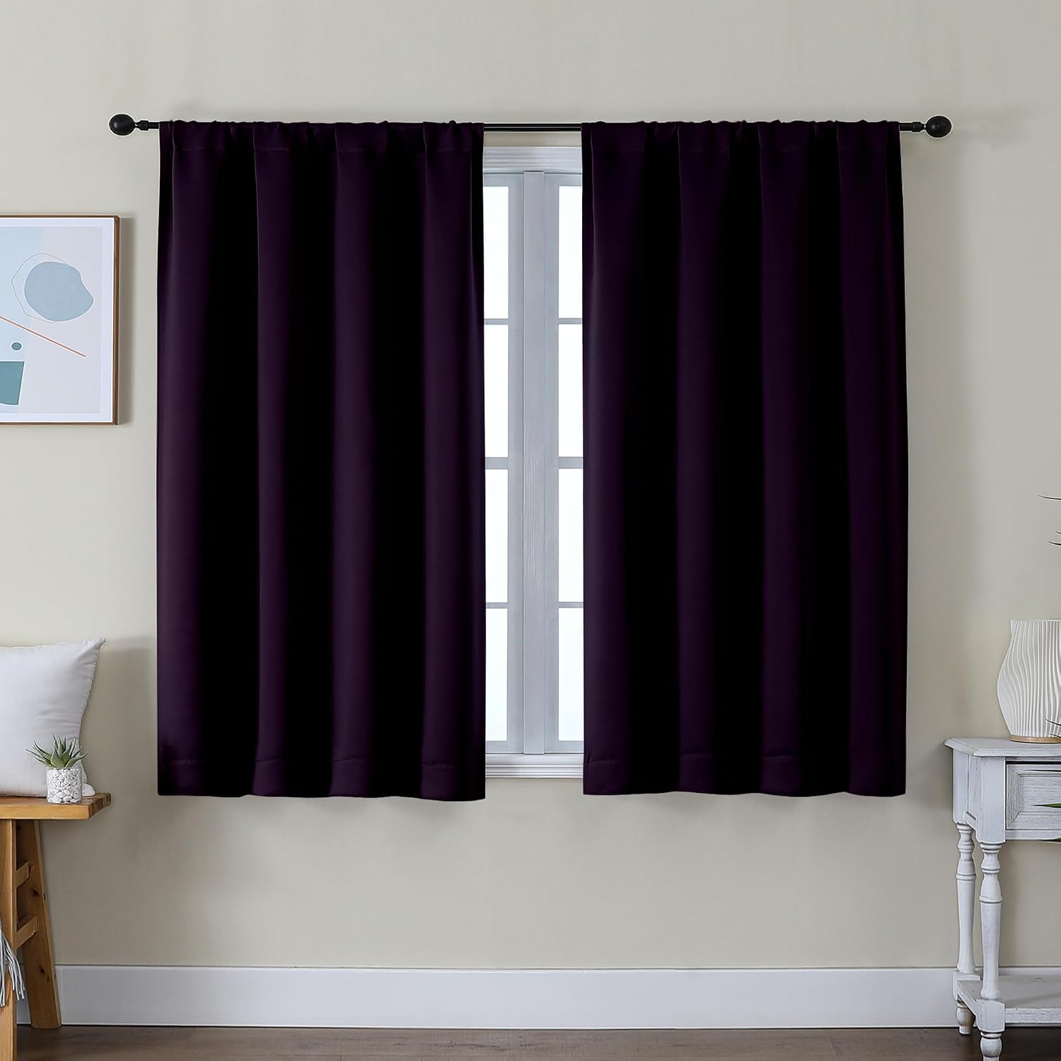 Simplebrand Ava Blackberry Short Blackout Curtains for Bedroom 45 Inches Long 2 Panels Set, Solid Thermal Insulated, Energy Saving Window T…
