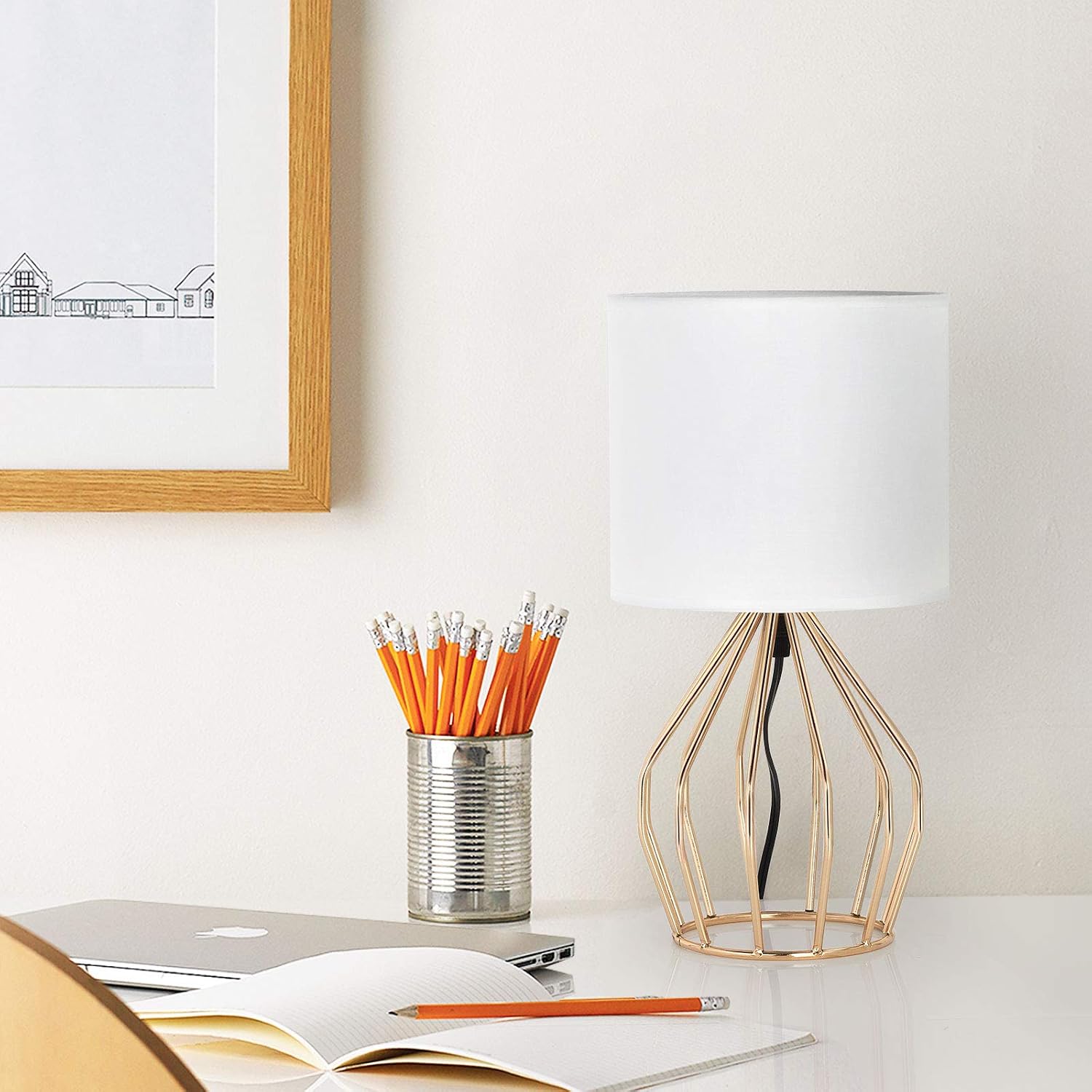 HAITRAL Gold Table Lamp - Modern Style Desk Lamp with Hollowed Out Base Linen Fabric Shade, Small Golden Bedside Lamp for Bedrooms…