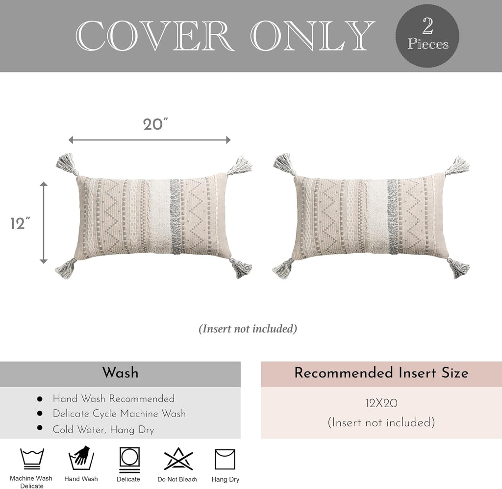 BlissBlush Decorative Lumbar Throw Pillow Covers 12x20 Combo Set of 2 Gray Rectangular Boho Accent Pillowcase Neutral Grey Farmhouse…