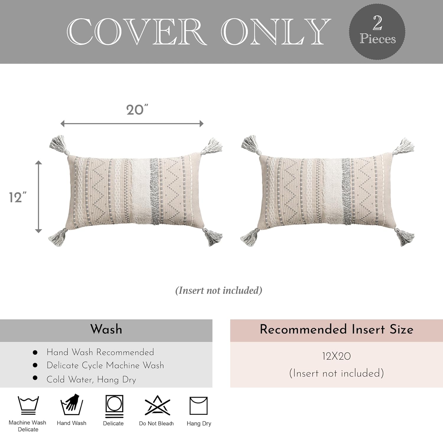 BlissBlush Decorative Lumbar Throw Pillow Covers 12x20 Combo Set of 2 Gray Rectangular Boho Accent Pillowcase Neutral Grey Farmhouse…