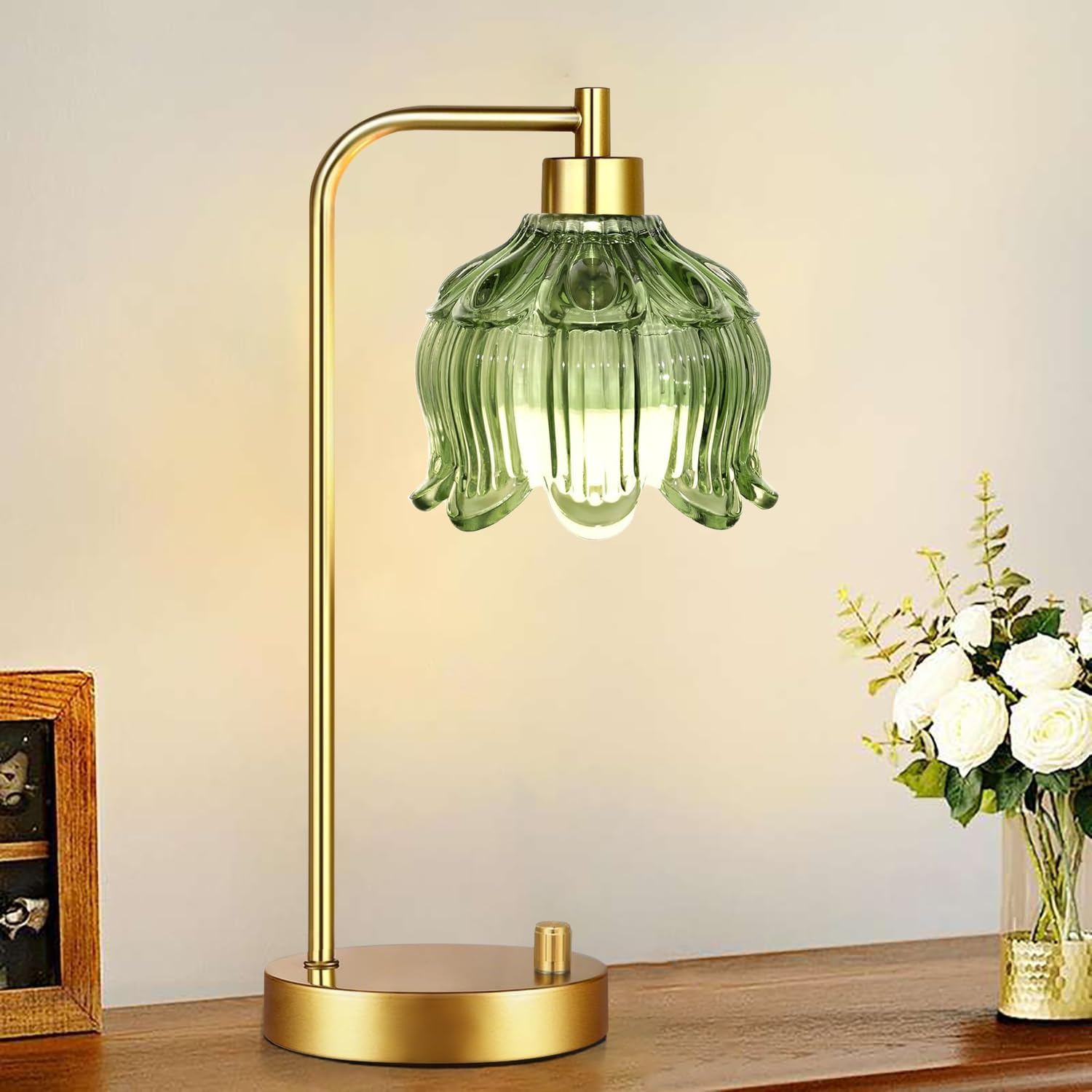 ILLMTW Glass Table Lamp Set of 2, Small Gold Bedside Lamps Dimmable Boho Bedroom Lamp with Tulip Flower Green Lamp Shade, Vintage Mid…