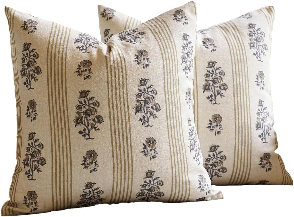 AffordableFloralPrintMaker Amor Virisso Floral Throw Pillow Covers 20x20 Set of 2 Block Print Pillow Covers Neutral Floral Striped Farmhous…