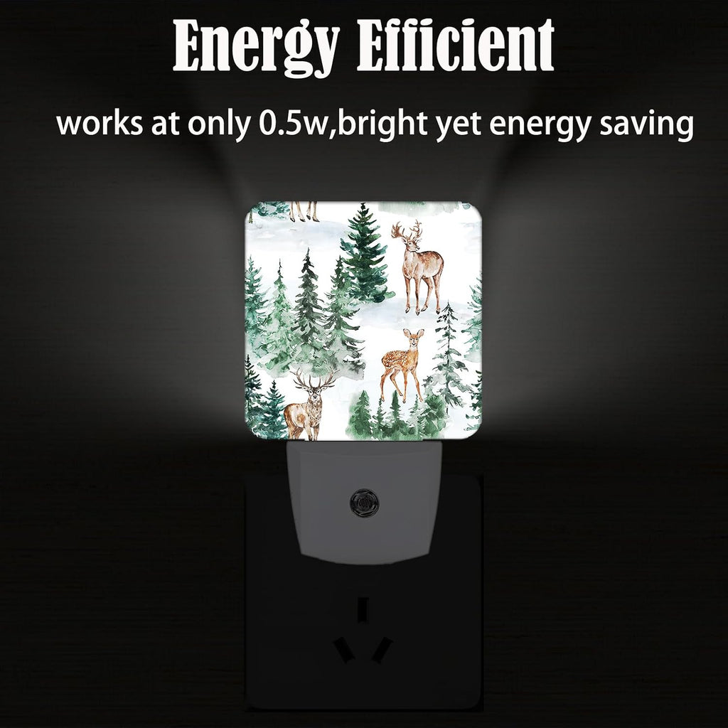 Watercolor Deer and Forest Night Light, Plug Into Wall for Boys Girls Bedroom Decorative Square Night Light Lamp 0.5w Sleep Friendly