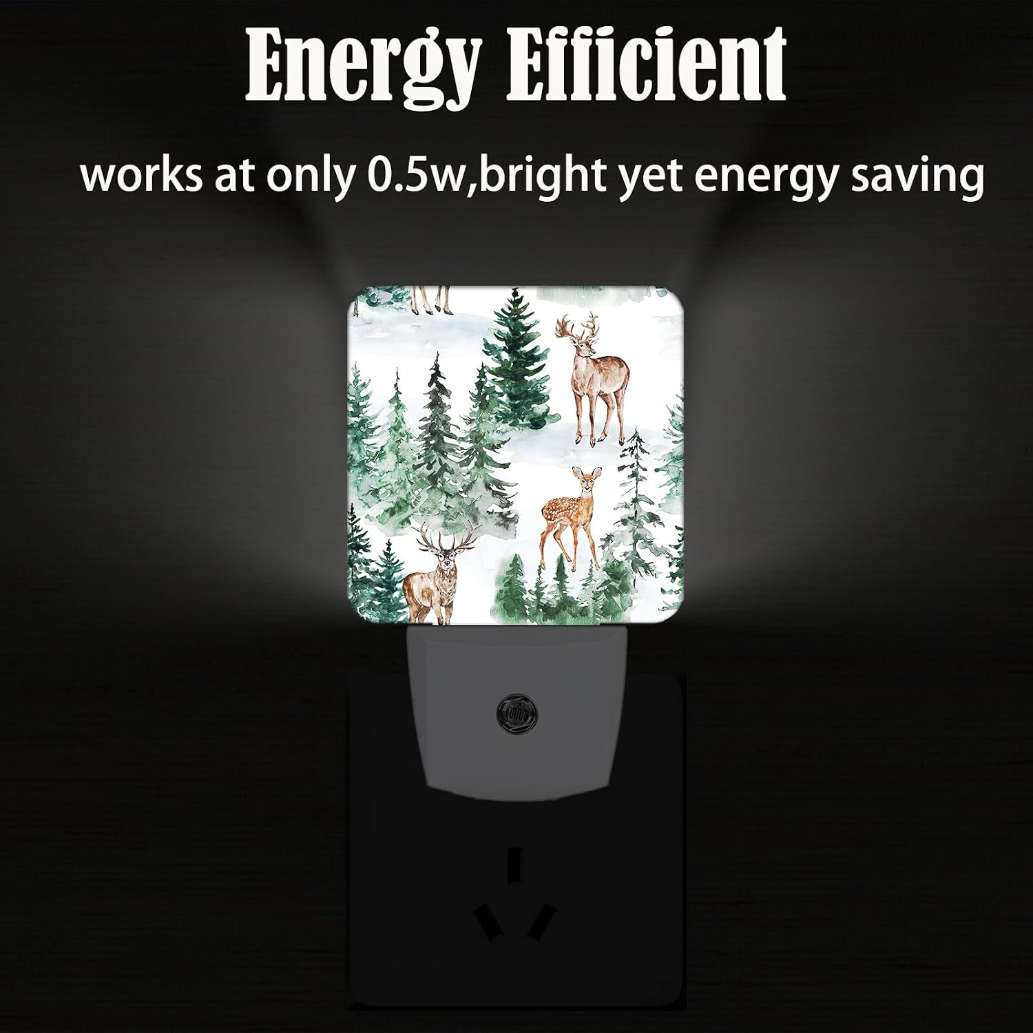 Watercolor Deer and Forest Night Light, Plug Into Wall for Boys Girls Bedroom Decorative Square Night Light Lamp 0.5w Sleep Friendly