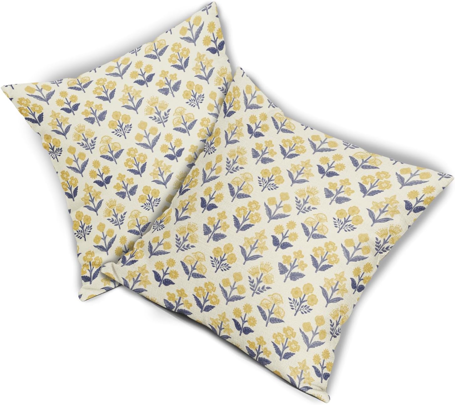 Navy Blue Yellow Floral Block Print Pillow Covers 20x20 Inch Set of 2, Vintage Flower Pattern Decorative Throw Pillowcases Outdoor…